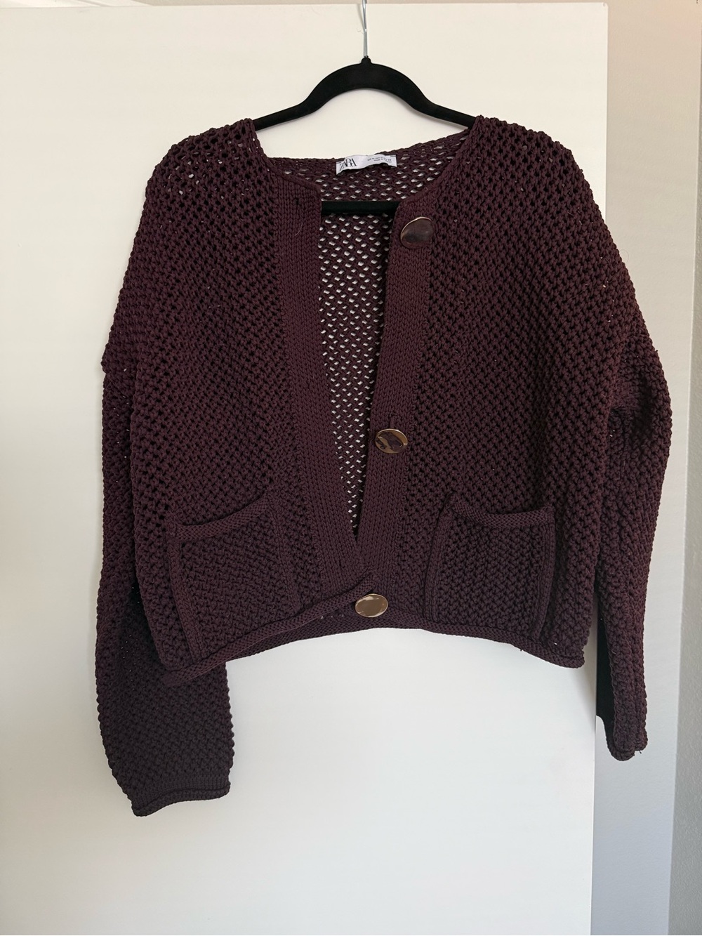 Zara Deep Burgundy Open-Knit Pocket Cardigan